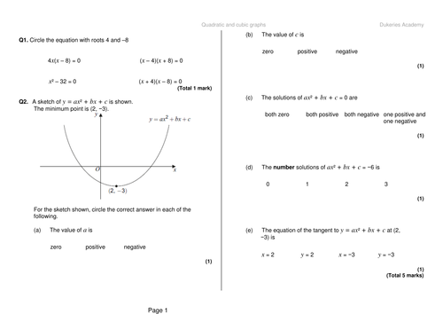 Quadratic and cubic graphs exam questions higher and foundation