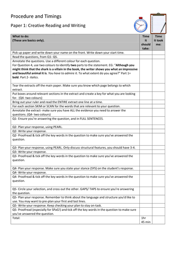 AQA English Language Paper 1- Procedure and Timings- Guide and Worksheet