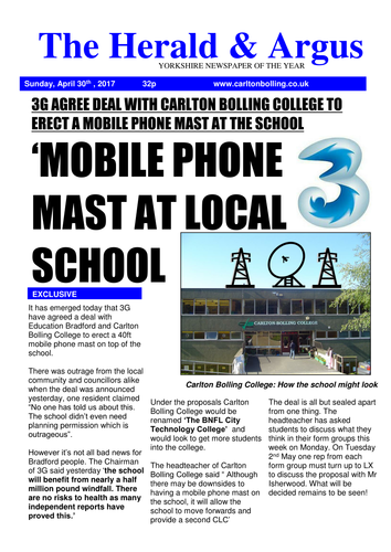 Mobile phone mast at your school (stakeholders)- PSHE Newspaper template