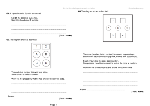 Probability exam questions - Listing outcomes foundation