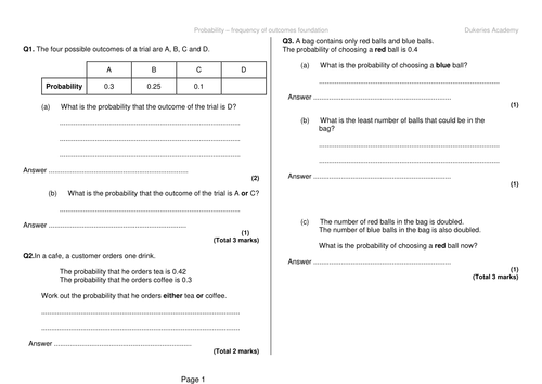 Probability exam questions - frequency of outcomes foundation