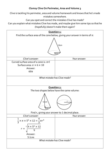 Clumsy Clive On Perimeter, Area and Volume