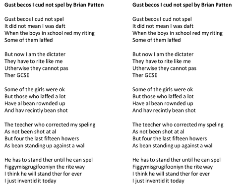 AQA Unseen Poetry - analysing Brian Patten's 'Gust becos i cud not spel'