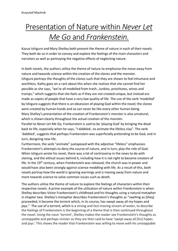 Presentation of Nature within Never Let Me Go and Frankenstein - A Level Comparative Essay