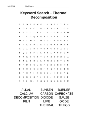 A Keyword search for the Year 7 C1 3.4 "Thermal Decomposition" lesson.