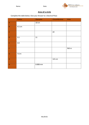 Area & Circumerance of a circle Worksheet  Ma.04