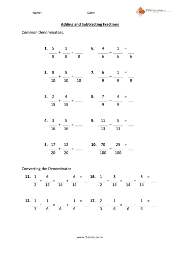 Addition and Subtraction of Fractions Worksheet - Ma.15.