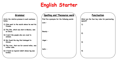 English Starter Activities (Year 5/6)