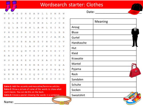 German Clothes Keywords KS3 GCSE Starter Activities Wordsearch, Anagrams Crossword Cover Hwk
