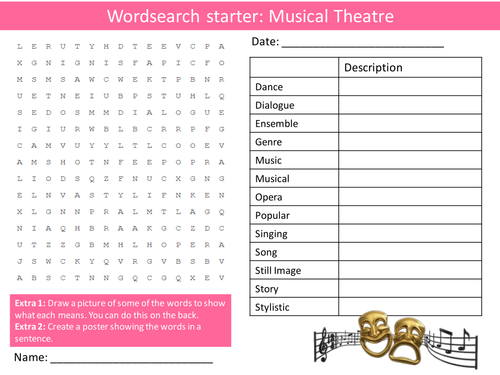 Drama Musicals Musical Theatre Keyword Wordsearch Crossword Anagrams Brainstormer Starters Cover