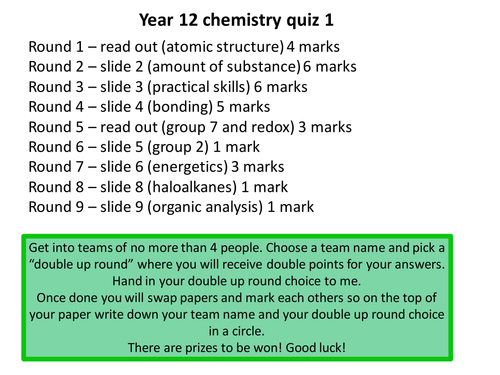 A 9 question round on A level chemistry (year 1 content only)