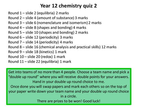 An 11 round quiz on A level chemistry (year 1 content only)
