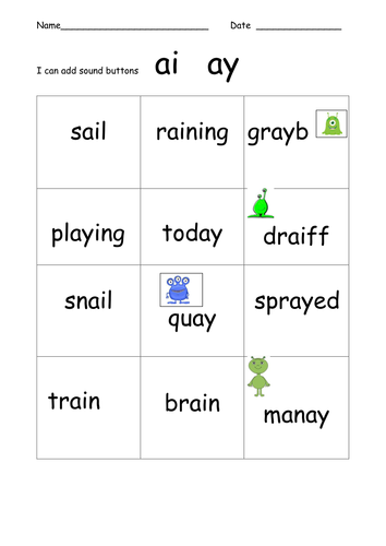 Phonics revision  ai and ay phoneme real and alien words