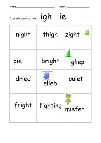 phonics practise real and alien words igh and ie phoneme