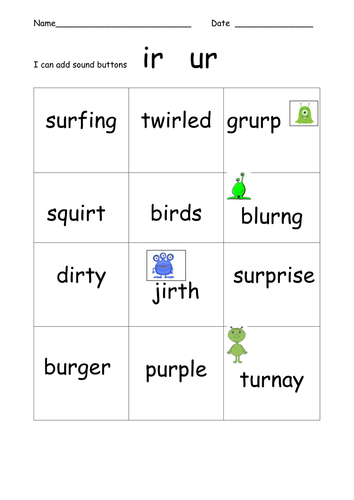 phonics practise real and alien words ir and ur phoneme