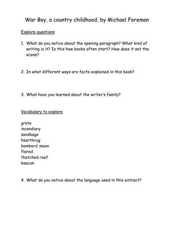War Boy by Michael Foreman, comprehension questions for Chapter 1