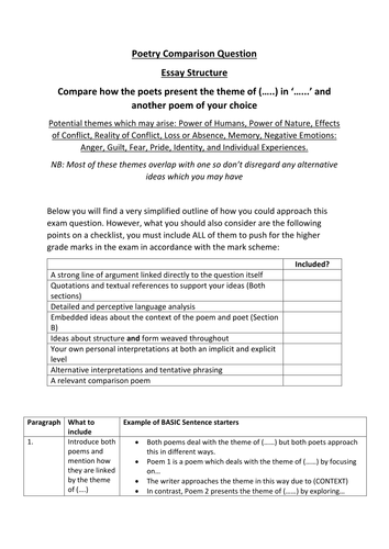 GCSE Power and Conflict Poetry - Comparison Structure Question Worksheet