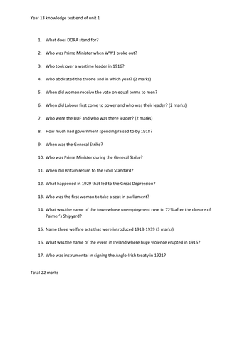 Britain 1914-1939 knowledge test