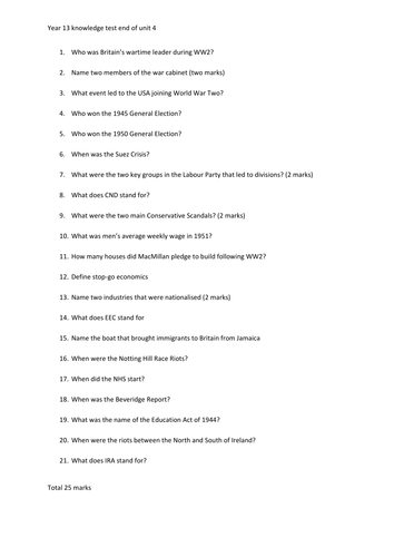 Knowledge test Britain 1939-1964