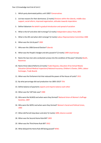Knowledge test 1886-1914