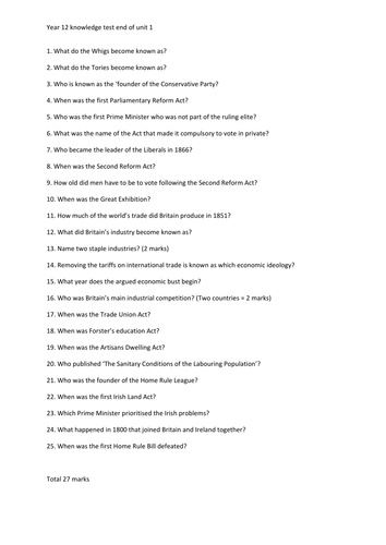 Knowledge quiz Britain 1851-1886
