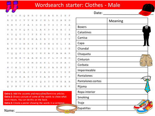Spanish Clothes: Male Keyword Wordsearch Crossword Anagrams Keyword Starters Homework Cover
