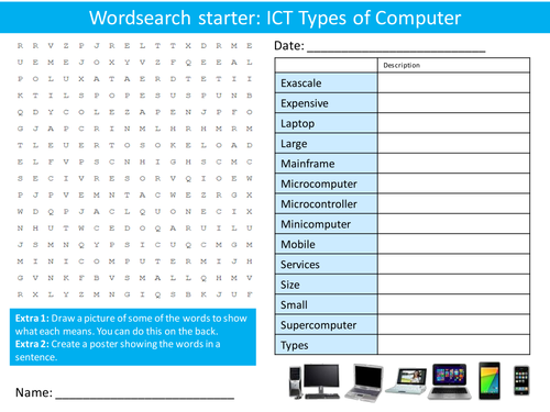 ICT Computing Types of Computer KS3 GCSE Wordsearch Crossword Anagram Alphabet Keyword Starter