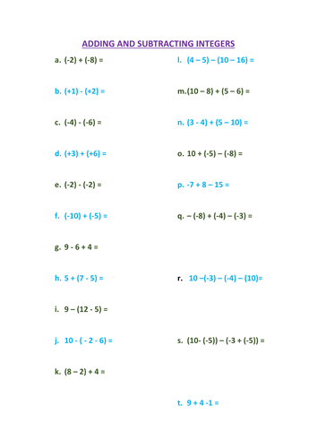 Addition and subtraction of integers with answers. For Year 7.