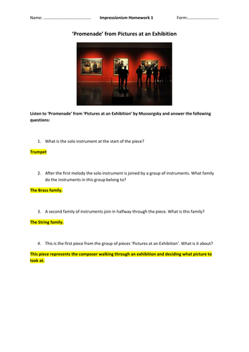 KS3 Impressionism listening tasks / homeworks - Pictures at an Exhibition