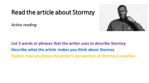 KS3 AQA language paper 2 Q4 skills non fiction  Comparison of perspectives Stormzy text included