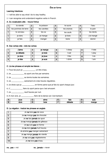 French Healthy Living - Comment vivre sainement worksheet  KS3 GCSE