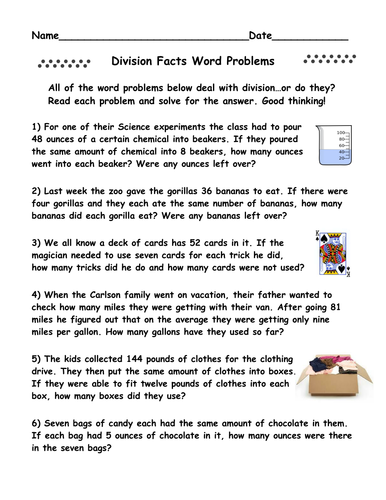 Division Facts Word Problems PLUS Division Facts MatchUps (Both Items)