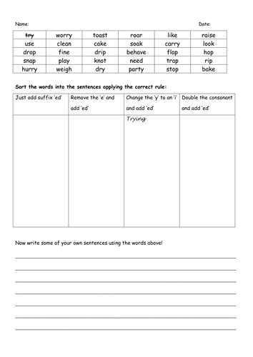 spag spelling sheet applying rules for ed suffix year 2