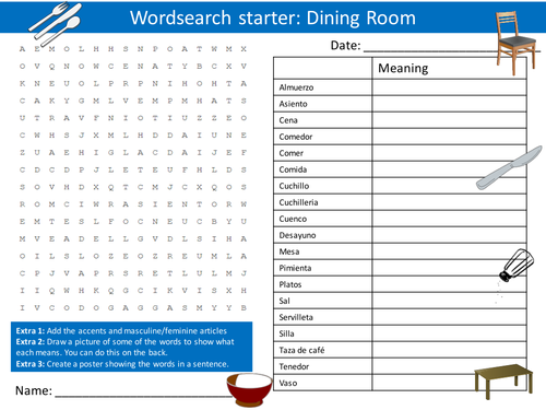 Spanish The Dining Room Keyword Wordsearch Crossword Anagrams Keyword Starters Homework Cover