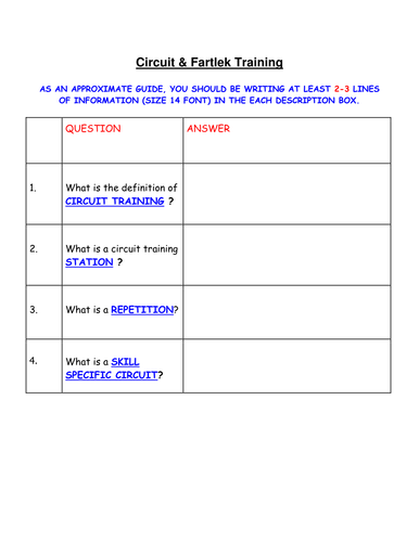 GCSE PE- Circuit & Fartlek training homework sheet.