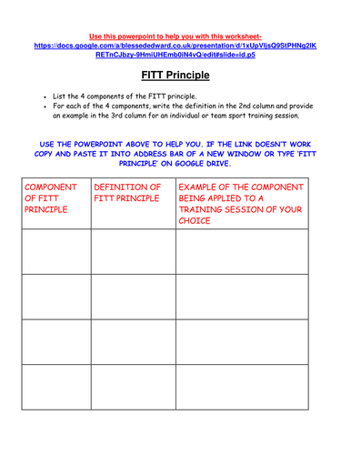 GCSE PE- FITT Principle HW sheet