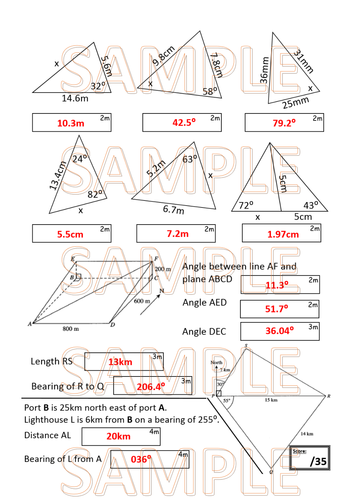 Half lesson, one sheet test on Trigonometry (focusing on Sine and Cosine rules)