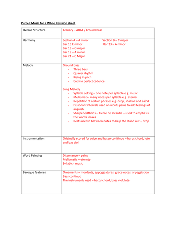 Music for a While Revision sheet and Key words