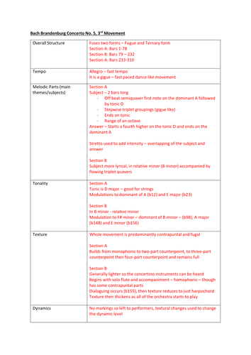 Brandenburg Concerto Set work revision sheet and Key Words