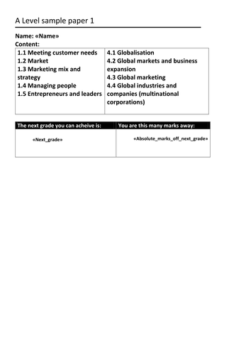 Edexcel A-level Business 2015 specification Sample Assessment Materials mailmerged feedback sheets