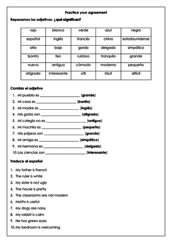 Spanish KS3 Adjectives Agreement Revision Writing Practice By RL6 