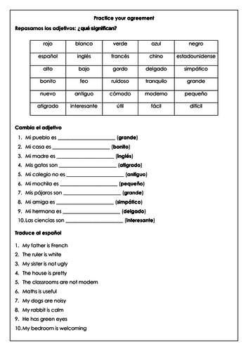 Spanish adjective revision: translation and writing practice with a focus on agreement (Zoom)