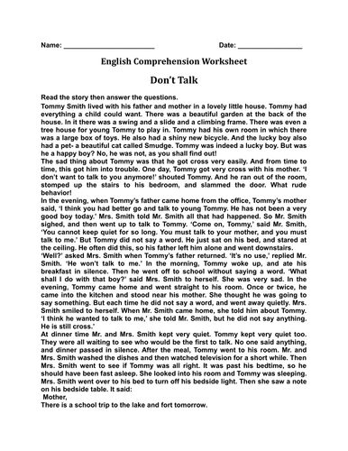 'Don't Talk' English Comprehension Worksheet with Complete Answer Key