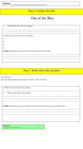 AQA new spec. Unseen poetry - how to respond uses Armitage's Out of the Blue. Adaptable to any poem.