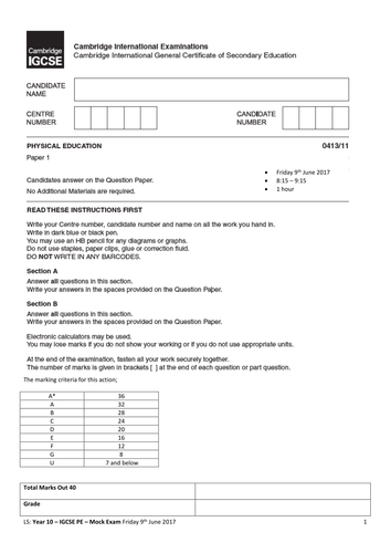 IGCSE PE - Year 10 Mock Exam