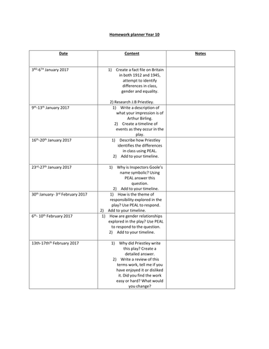 7 weeks for homework relating to An Inspector Calls.