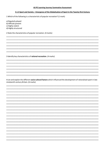 AQA PE A Level Year 1 - Sport and Society Summative Assessments