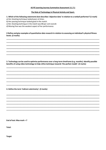 AQA PE New Specification A Level Year 1 - Technology in Sport summative assessment