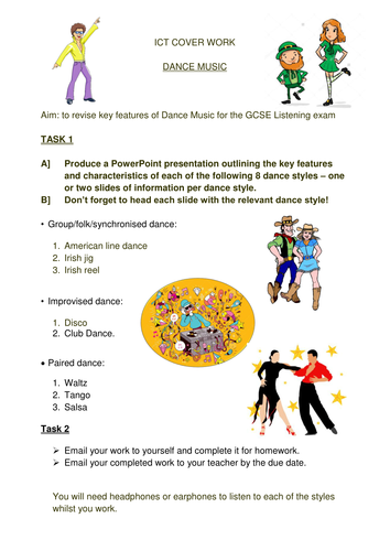 Cover Work or Homework for GCSE Dance Music