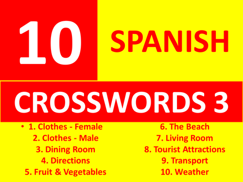 10 Spanish Crosswords 3 GCSE or KS3 Keyword Starters Wordsearch Homework or Cover Lesson